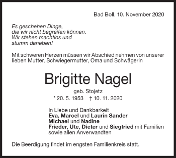 Traueranzeige von Brigitte Nagel von NWZ Neue Württembergische Zeitung