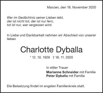 Traueranzeige von Charlotte Dyballa von NWZ Neue Württembergische Zeitung