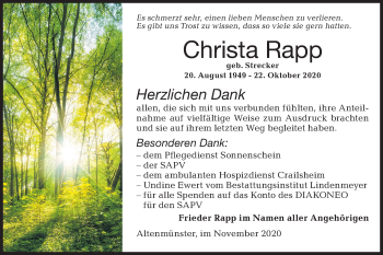 Traueranzeige von Christa Rapp von Hohenloher Tagblatt