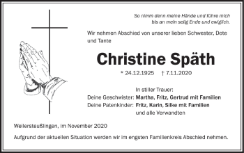 Traueranzeige von Christine Späth von Ehinger Tagblatt