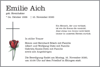 Traueranzeige von Emilie Aich von Ehinger Tagblatt