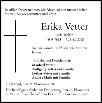 Traueranzeige von Erika Vetter von Rundschau Gaildorf