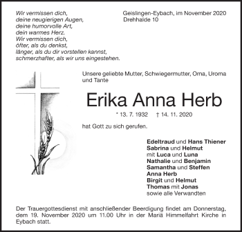 Traueranzeige von Erika Anna Herb von Geislinger Zeitung