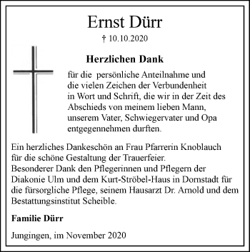 Traueranzeige von Ernst Dürr von SÜDWEST PRESSE Ausgabe Ulm/Neu-Ulm