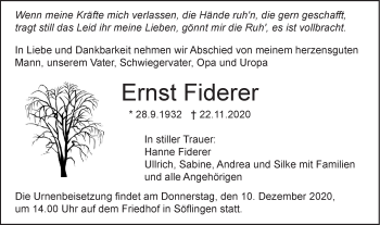 Traueranzeige von Ernst Fiderer von SÜDWEST PRESSE Ausgabe Ulm/Neu-Ulm