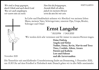 Traueranzeige von Ernst Langohr von Hohenloher Tagblatt