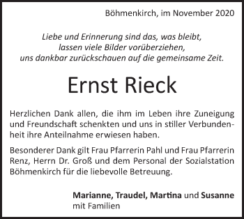 Traueranzeige von Ernst Rieck von Geislinger Zeitung