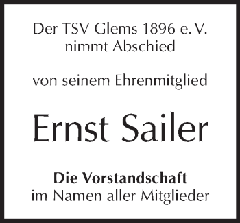 Traueranzeige von Ernst Sailer von Metzinger-Uracher Volksblatt