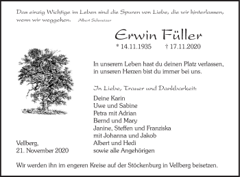 Traueranzeige von Erwin Füller von Haller Tagblatt