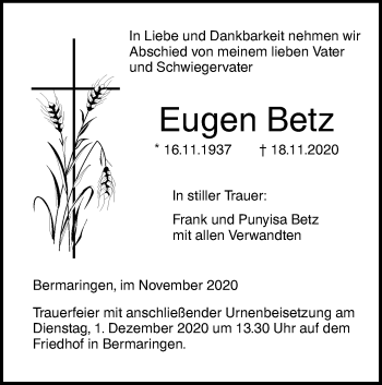 Traueranzeige von Eugen Betz von SÜDWEST PRESSE Ausgabe Ulm/Neu-Ulm