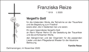 Traueranzeige von Franziska Reize von SÜDWEST PRESSE Ausgabe Ulm/Neu-Ulm