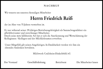 Traueranzeige von Friedrich Reiß von Hohenloher Tagblatt