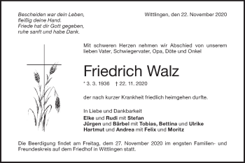 Traueranzeige von Friedrich Walz von Metzinger-Uracher Volksblatt