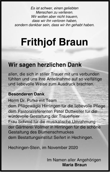 Traueranzeige von Frithjof Braun von Hohenzollerische Zeitung