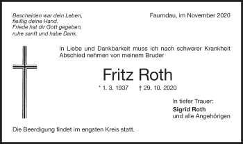 Traueranzeige von Fritz Roth von NWZ Neue Württembergische Zeitung