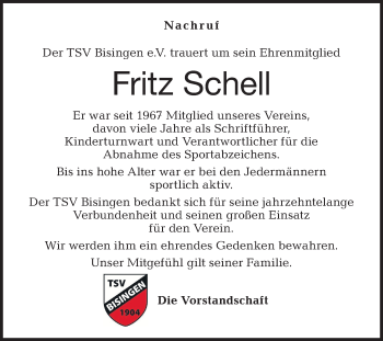 Traueranzeige von Fritz Schell von Hohenzollerische Zeitung