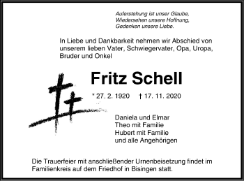 Traueranzeige von Fritz Schell von Hohenzollerische Zeitung