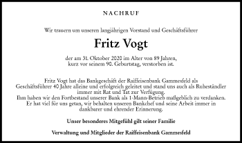 Traueranzeige von Fritz Vogt von Hohenloher Tagblatt