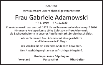 Traueranzeige von Gabriele Adamowski von NWZ Neue Württembergische Zeitung