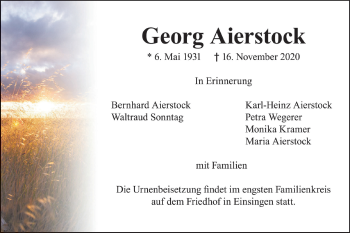 Traueranzeige von Georg Aierstock von SÜDWEST PRESSE Ausgabe Ulm/Neu-Ulm