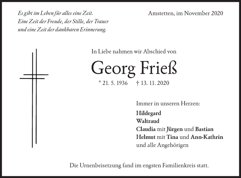  Traueranzeige für Georg Frieß vom 28.11.2020 aus Geislinger Zeitung