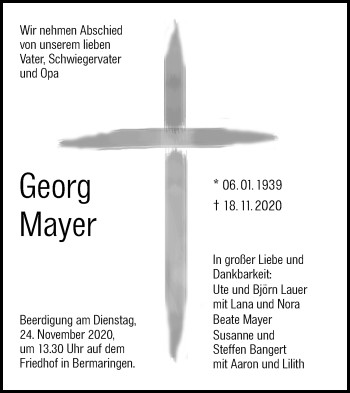 Traueranzeige von Georg Mayer von SÜDWEST PRESSE Ausgabe Ulm/Neu-Ulm