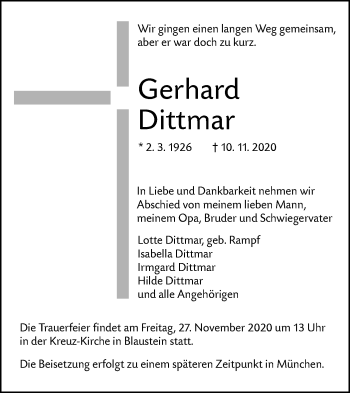 Traueranzeige von Gerhard Dittmar von SÜDWEST PRESSE Ausgabe Ulm/Neu-Ulm