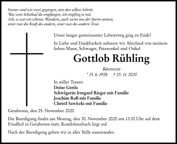 Traueranzeige von Gottlob Rühling von Hohenloher Tagblatt