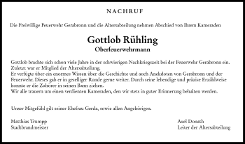 Traueranzeige von Gottlob Rühling von Hohenloher Tagblatt