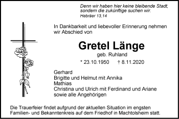 Traueranzeige von Gretel Länge von SÜDWEST PRESSE Ausgabe Ulm/Neu-Ulm