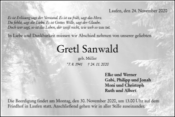 Traueranzeige von Gretl Sanwald von Rundschau Gaildorf