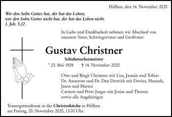 Traueranzeige von Gustav Christner von Alb-Bote/Metzinger-Uracher Volksblatt