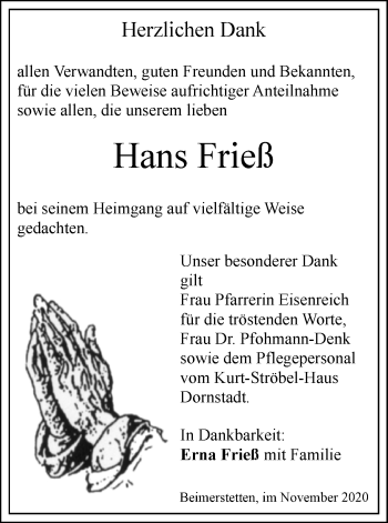 Traueranzeige von Hans Frieß von SÜDWEST PRESSE Ausgabe Ulm/Neu-Ulm