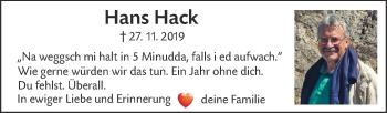 Traueranzeige von Hans Hack von SÜDWEST PRESSE Ausgabe Ulm/Neu-Ulm