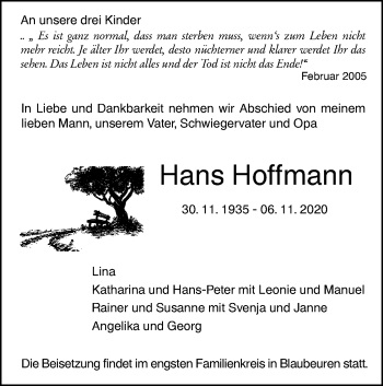 Traueranzeige von Hans Hoffmann von SÜDWEST PRESSE Ausgabe Ulm/Neu-Ulm