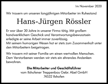 Traueranzeige von Hans-Jürgen Rössler von Haller Tagblatt