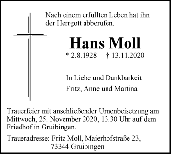 Traueranzeige von Hans Moll von NWZ Neue Württembergische Zeitung