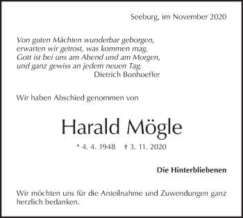 Traueranzeige von Harald Mögle von Metzinger-Uracher Volksblatt