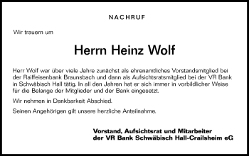 Traueranzeige von Heinz Wolf von Haller Tagblatt