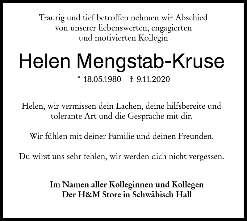  Traueranzeige für Helen Mengstab-Kruse vom 14.11.2020 aus Haller Tagblatt