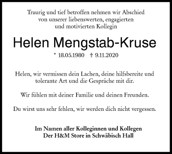 Traueranzeige von Helen Mengstab-Kruse von Haller Tagblatt