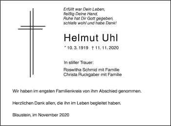 Traueranzeige von Helmut Uhl von SÜDWEST PRESSE Ausgabe Ulm/Neu-Ulm