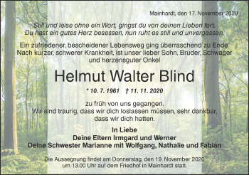 Traueranzeige von Helmut Walter Blind von Haller Tagblatt