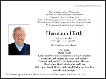 Traueranzeige von Hermann Hirth von Rundschau Gaildorf