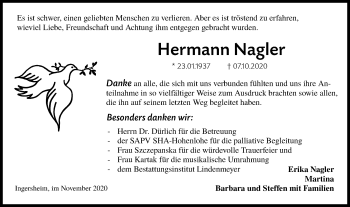 Traueranzeige von Hermann Nagler von Hohenloher Tagblatt