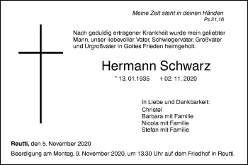 Traueranzeige von Hermann Schwarz von SÜDWEST PRESSE Ausgabe Ulm/Neu-Ulm