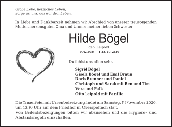 Traueranzeige von Hilde Bögel von Hohenloher Tagblatt