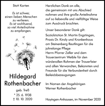 Traueranzeige von Hildegard Rothenbacher von Alb-Bote/Metzinger-Uracher Volksblatt