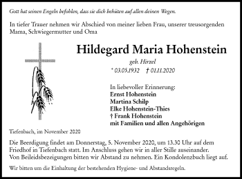 Traueranzeige von Hildegard Maria Hohenstein von Hohenloher Tagblatt