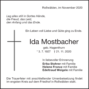 Traueranzeige von Ida Mostbacher von NWZ Neue Württembergische Zeitung